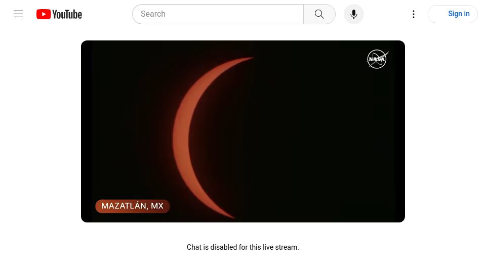 Screenshot of youtube.com: Live NASA telescope feed for today's solar eclipse [video]