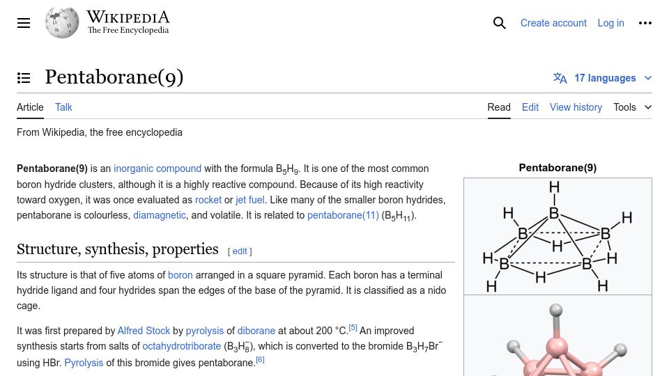 Screenshot of en.wikipedia.org: Pentaborane(9)