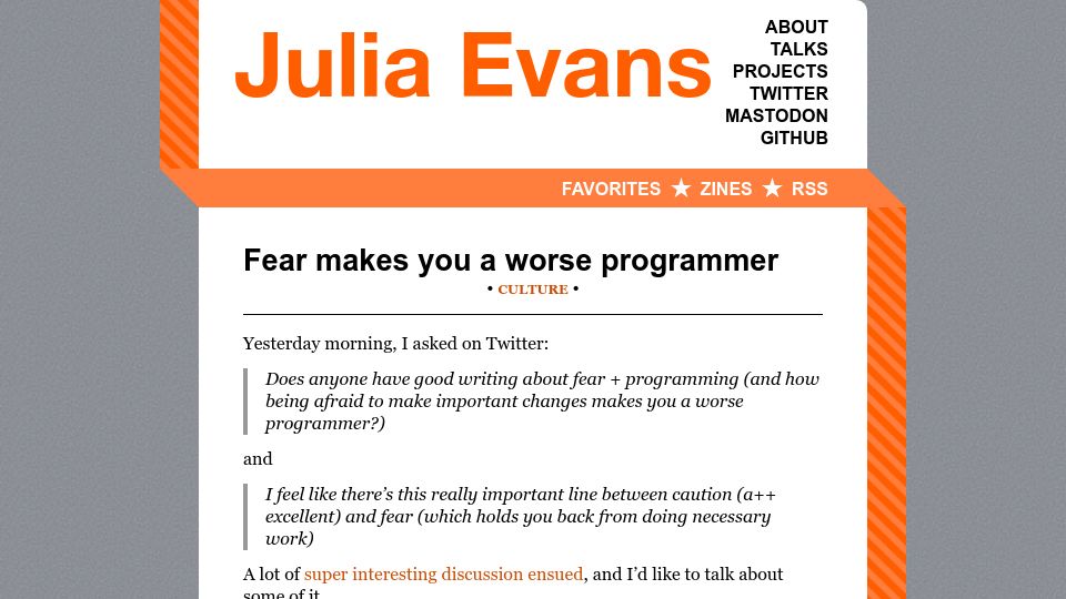 Screenshot of jvns.ca: Fear makes you a worse programmer (2014)
