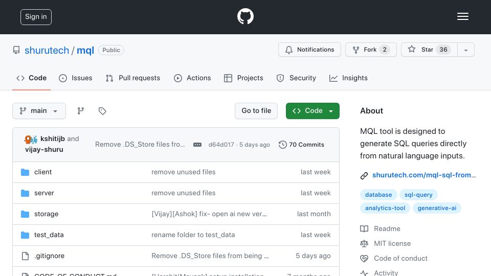 Screenshot of github.com: MQL – Client and server to query your db in natural language