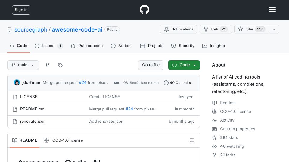 Screenshot of github.com: A list of AI coding tools