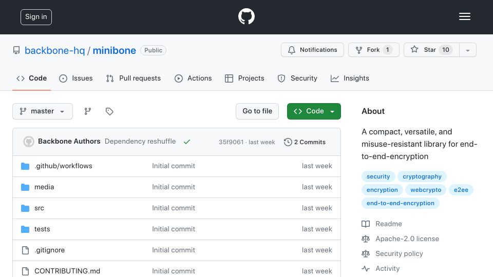 Screenshot of github.com: Minibone: practical end-to-end encryption for web apps