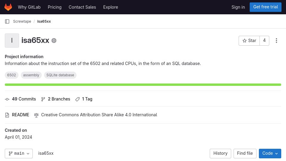 Screenshot of gitlab.com: The 6502 instruction set as a database