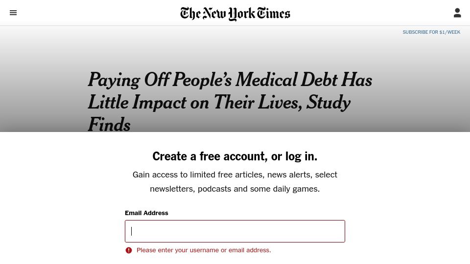 Screenshot of nytimes.com: Paying Off People's Medical Debt Has Little Impact on Their Lives, Study Finds