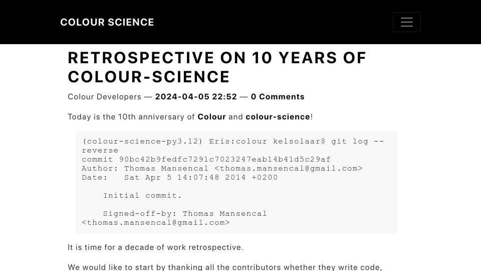 Screenshot of colour-science.org: Retrospective on 10 Years of colour-science