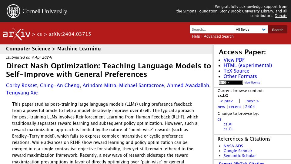 Screenshot of arxiv.org: Direct Nash Optimization: Teaching language models to self-improve