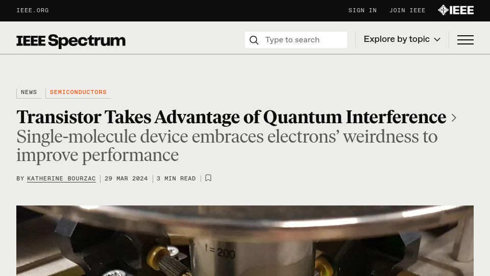 Screenshot of spectrum.ieee.org: Transistor takes advantage of quantum interference