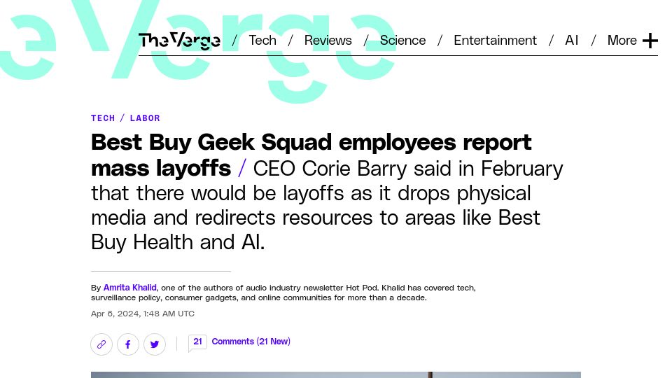 Screenshot of theverge.com: Best Buy Geek Squad employees report mass layoffs