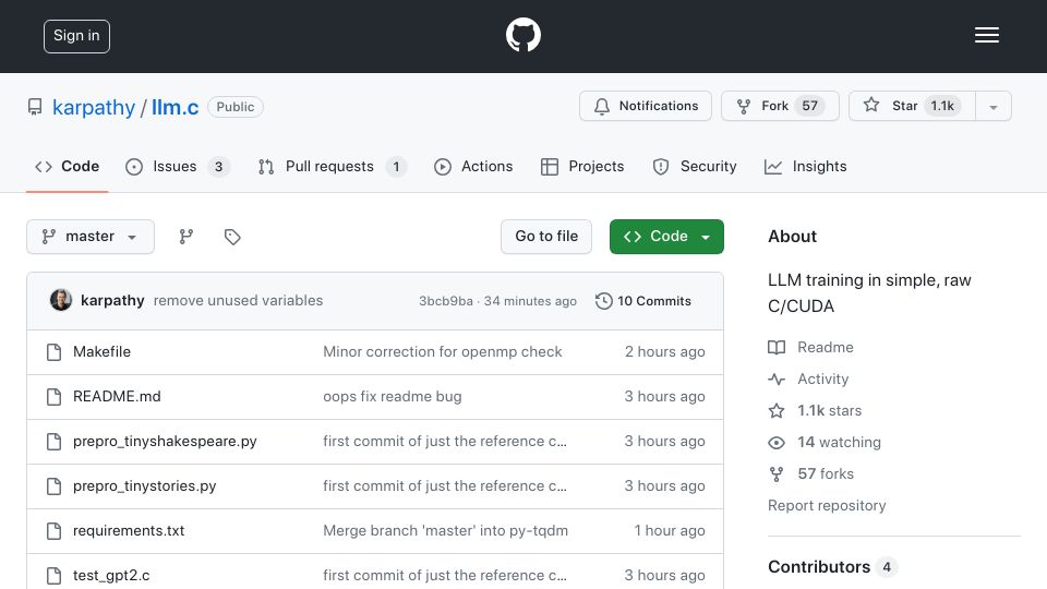 Screenshot of github.com: Llm.c – LLM training in simple, pure C/CUDA