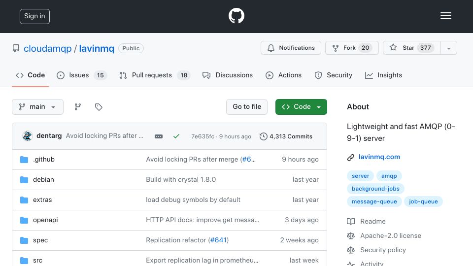 Screenshot of github.com: Lightweight and fast AMQP (0-9-1) server