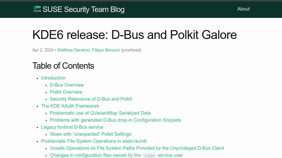 Screenshot of security.opensuse.org: KDE6 release: D-Bus and Polkit Galore