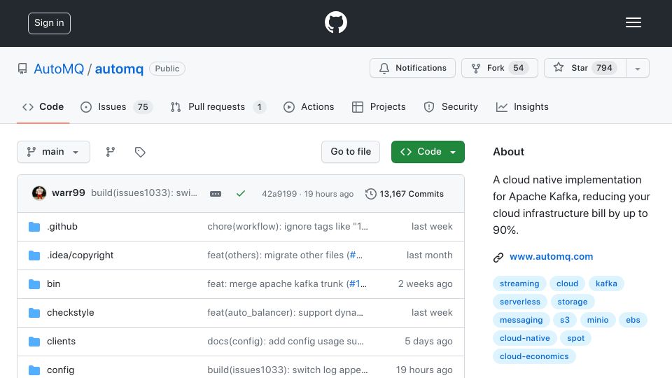 Screenshot of github.com: Show HN: AutoMQ - A Cost-Effective Kafka Distro That Can Autoscale in Seconds