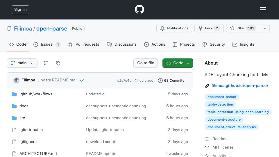 Screenshot of github.com: Show HN: Beyond text splitting – improved file parsing for LLMs