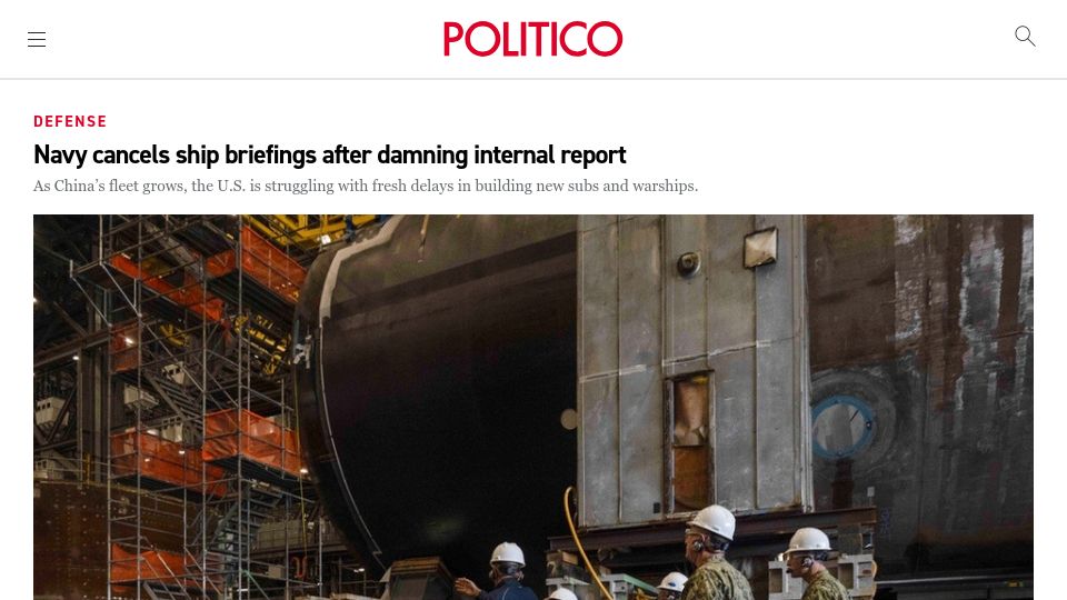 Screenshot of politico.com: Navy cancels ship briefings after damning internal report