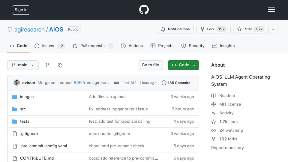 Screenshot of github.com: AIOS: LLM Agent Operating System