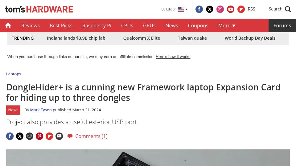 Screenshot of tomshardware.com: Framework laptop DongleHider+ Expansion Card for hiding up to three dongles