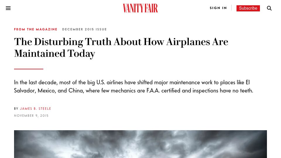 Screenshot of vanityfair.com: The Disturbing Truth About How Airplanes Are Maintained Today