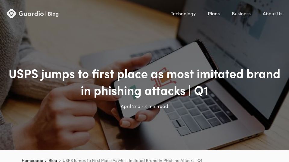 Screenshot of guard.io: USPS jumps to first place as most imitated brand in phishing attacks