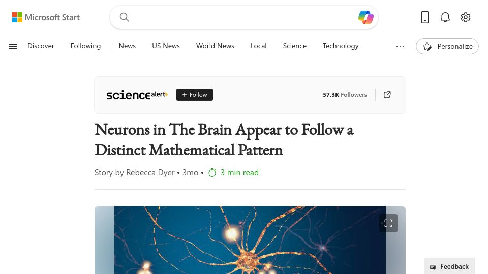 Screenshot of msn.com: Neurons in the Brain Appear to Follow a Distinct Mathematical Pattern