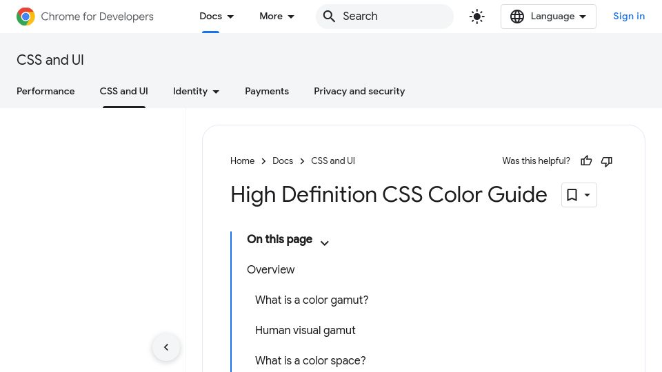 Screenshot of developer.chrome.com: High Definition CSS Color Guide