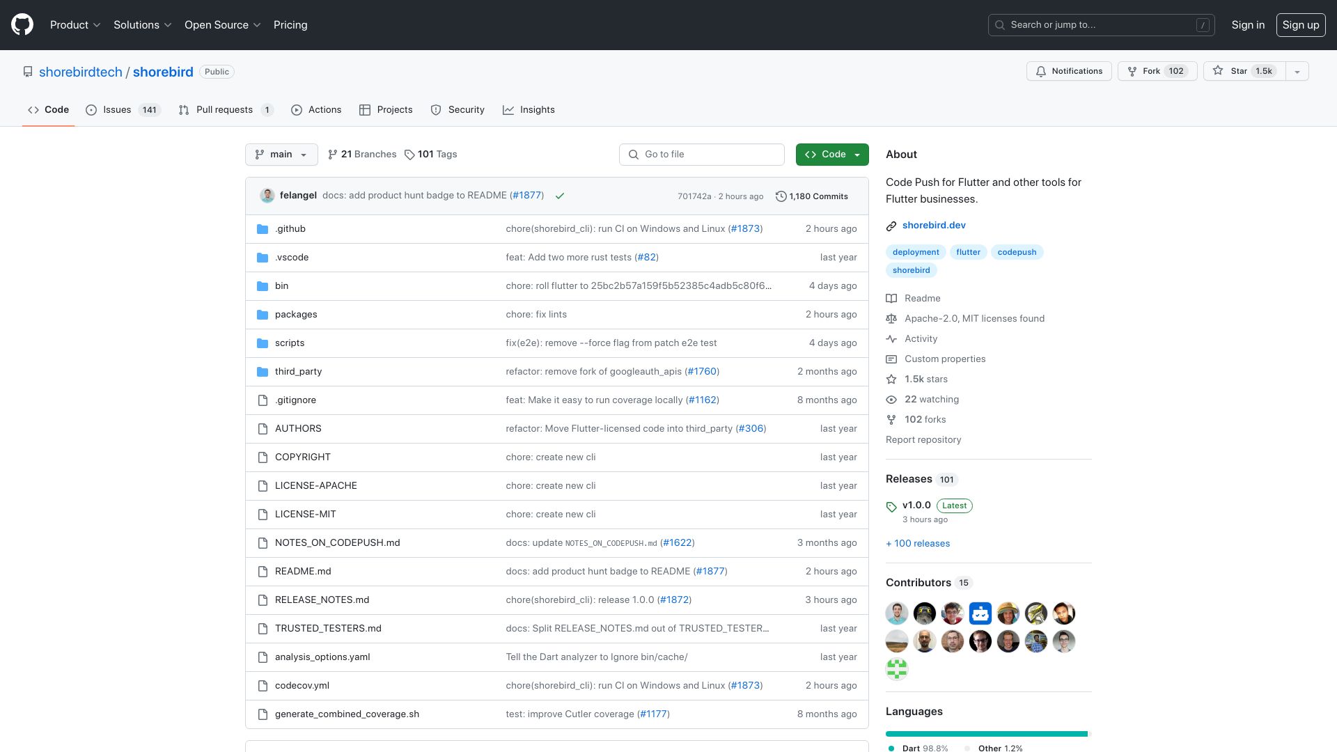 Screenshot of github.com: Show HN: Shorebird 1.0, Flutter Code Push