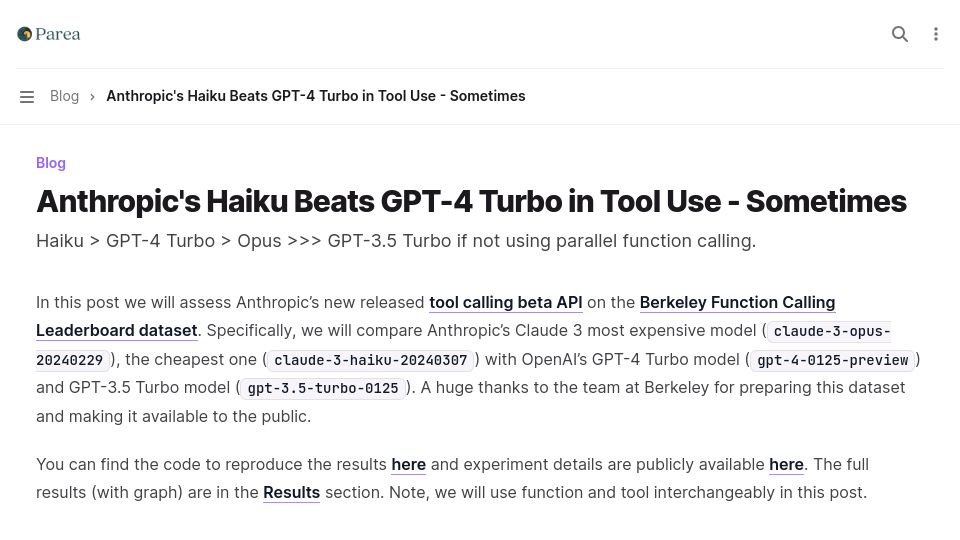 Screenshot of docs.parea.ai: Anthropic's Haiku Beats GPT-4 Turbo in Tool Use