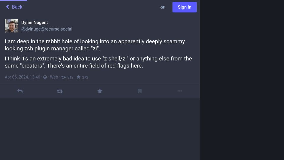 Screenshot of recurse.social: Looking into an apparently scammy looking zsh plugin manager called “zi”