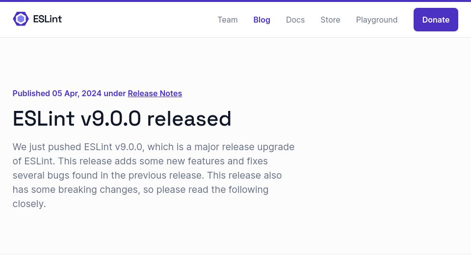 Screenshot of eslint.org: ESLint v9.0