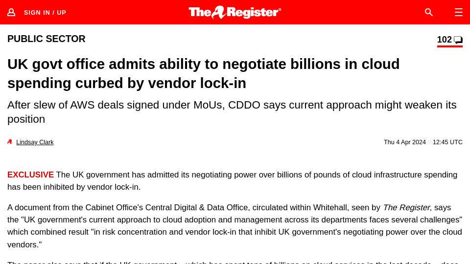 Screenshot of theregister.com: UK govt office admits ability to negotiate billions curbed by vendor lock-in