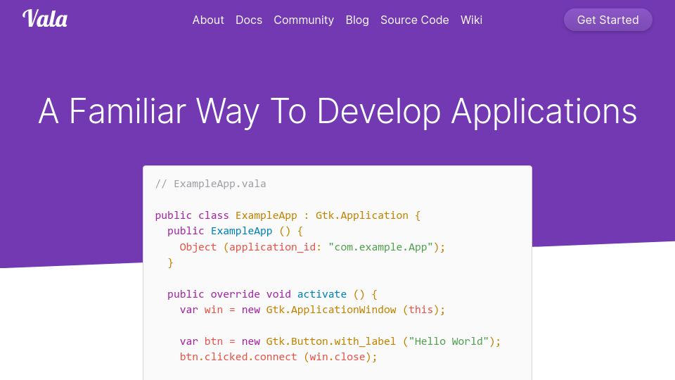 Screenshot of vala.dev: Vala Programming Language