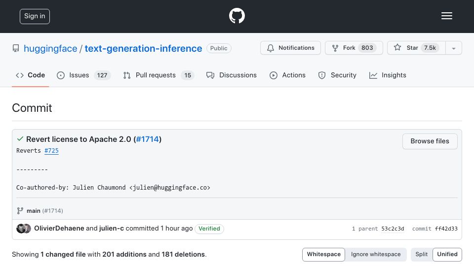 Screenshot of github.com: HuggingFace text-generation-inference is reverting to Apache 2.0 License