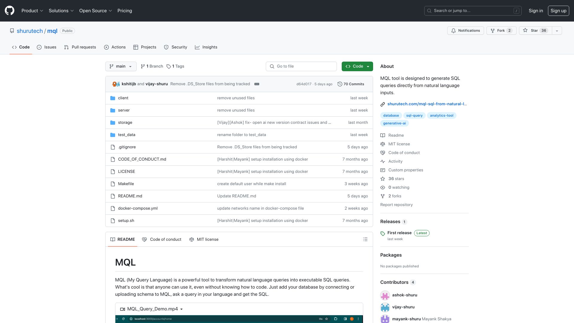 Screenshot of github.com: MQL – Client and server to query your db in natural language