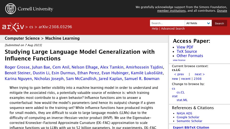 Screenshot of arxiv.org: Studying Large Language Model Generalization with Influence Functions