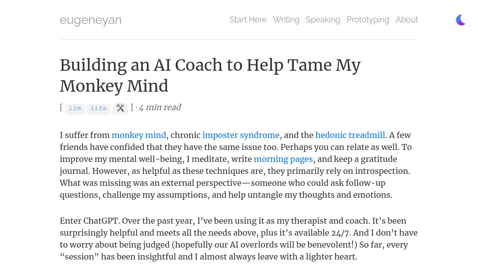 Screenshot of eugeneyan.com: Building an AI Coach to Help Tame My Monkey Mind