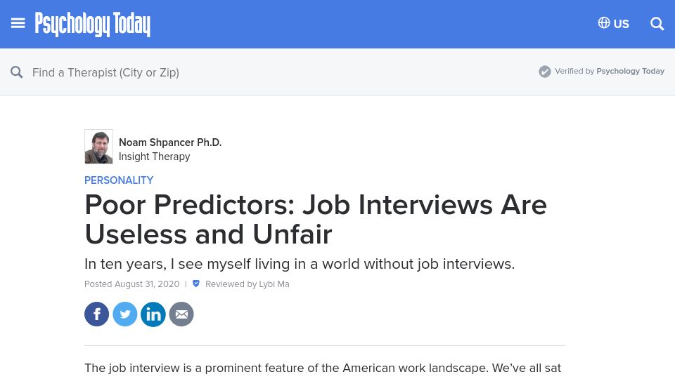 Screenshot of psychologytoday.com: Poor Predictors: Job Interviews Are Useless and Unfair