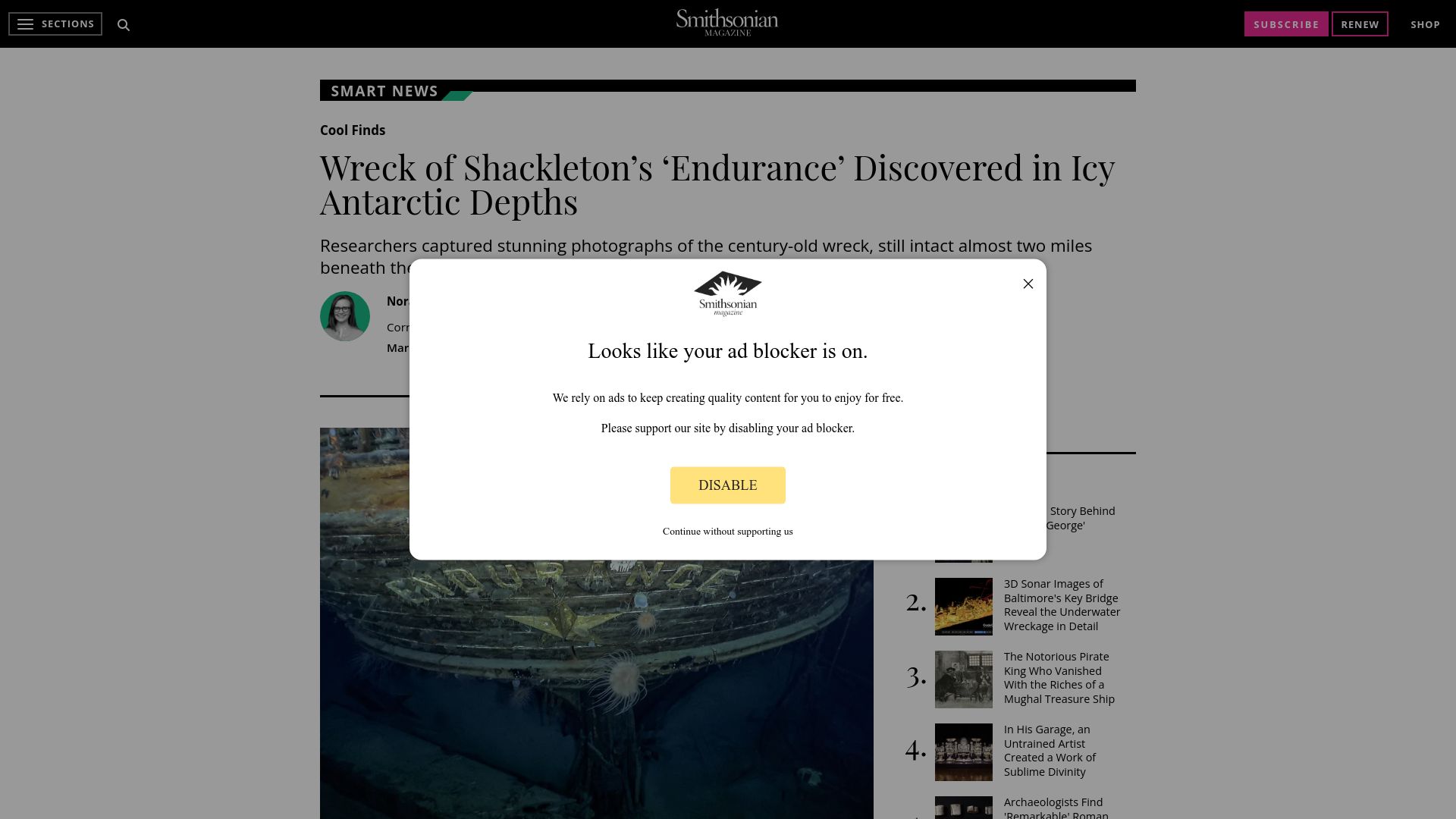 Screenshot of smithsonianmag.com: Wreck of Shackleton's 'Endurance' discovered in Antarctic depths (2022)