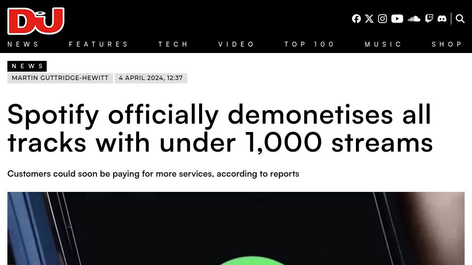 Screenshot of djmag.com: Spotify demonetizes all tracks under 1k streams