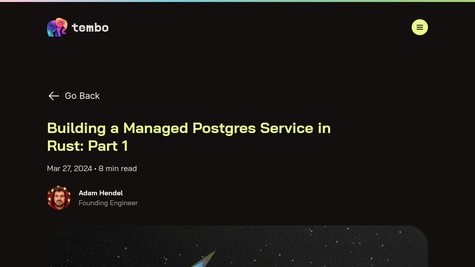 Screenshot of tembo.io: Building a Managed Postgres Service in Rust