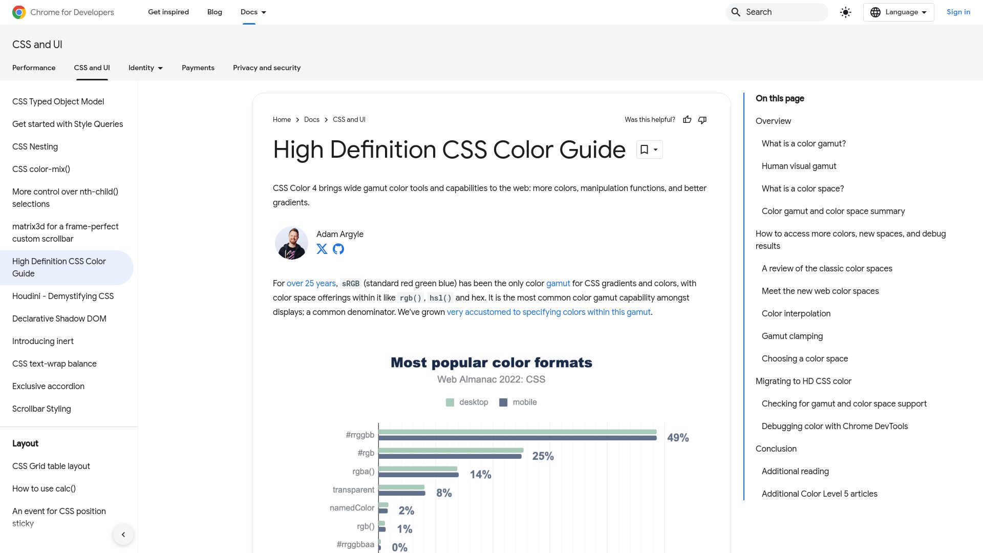 Screenshot of developer.chrome.com: High Definition CSS Color Guide