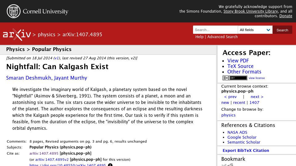 Screenshot of arxiv.org: Nightfall: Can Kalgash Exist (2014)