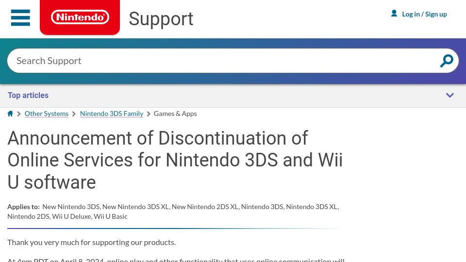 Screenshot of en-americas-support.nintendo.com: Nintendo's online servers for Wii U and 3DS shut down today