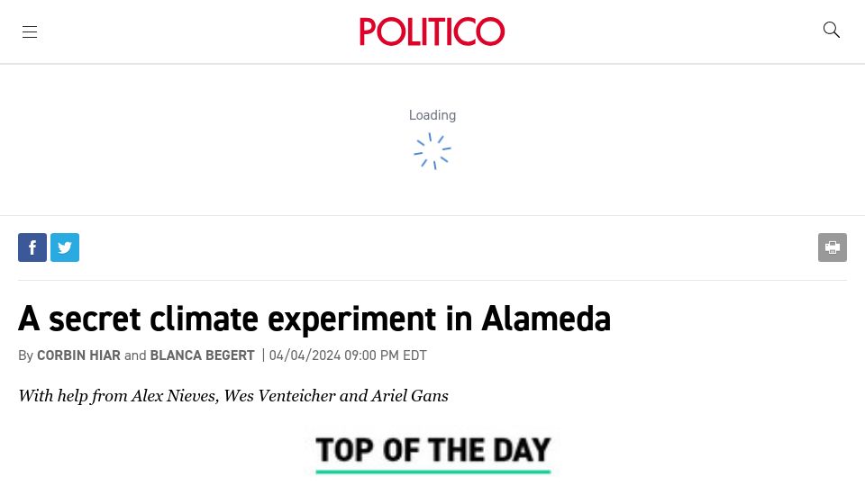 Screenshot of politico.com: Geoengineering test launched in Alameda