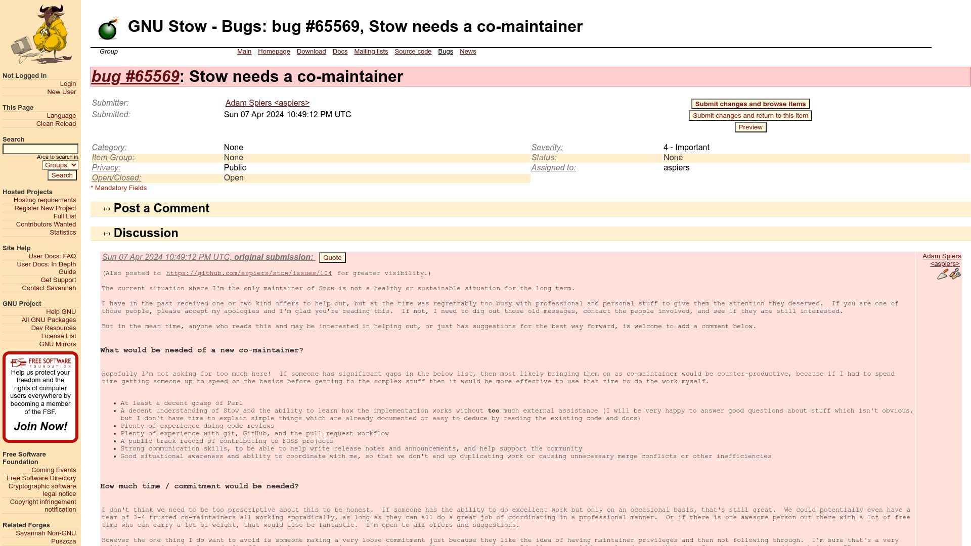 Screenshot of savannah.gnu.org: GNU Stow needs a co-maintainer