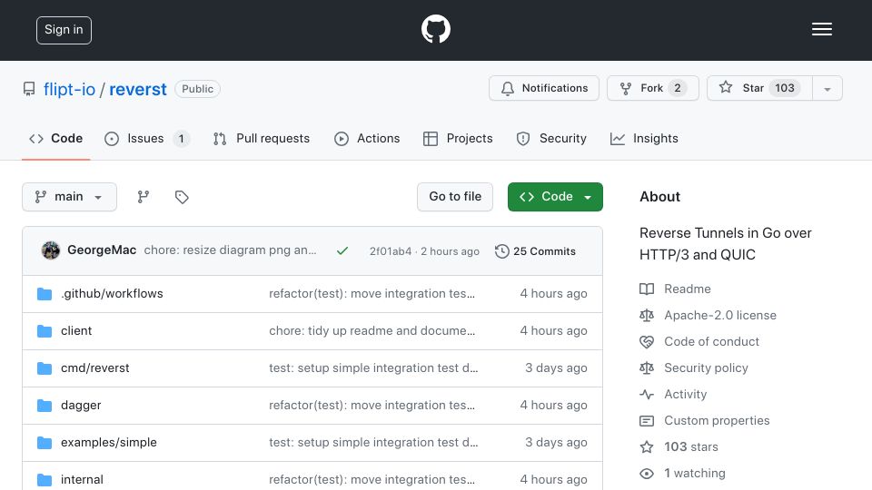 Screenshot of github.com: Reverst: Reverse Tunnels in Go over HTTP/3 and QUIC