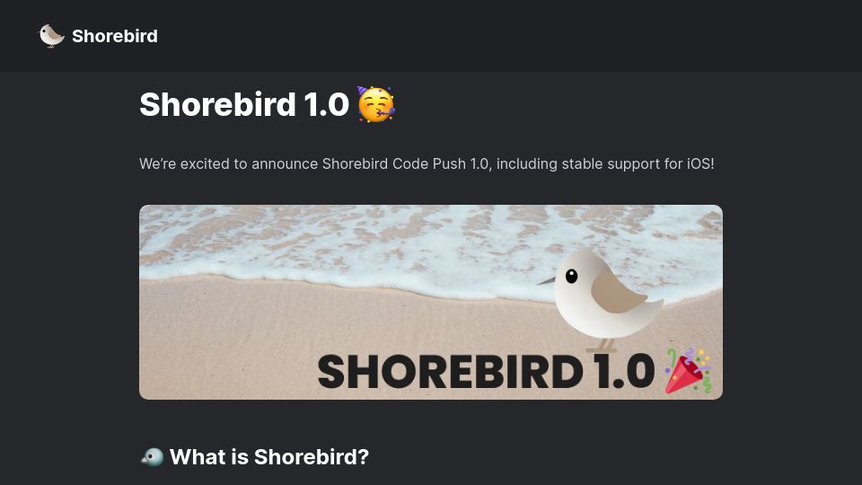 Screenshot of shorebird.dev: Shorebird 1.0 – Update your Flutter apps instantly