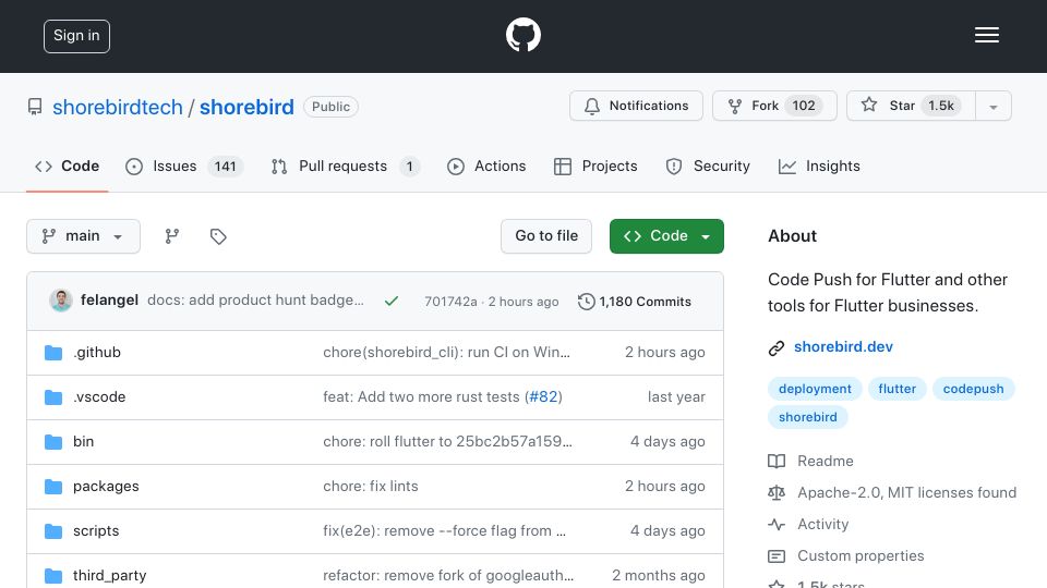 Screenshot of github.com: Show HN: Shorebird 1.0, Flutter Code Push