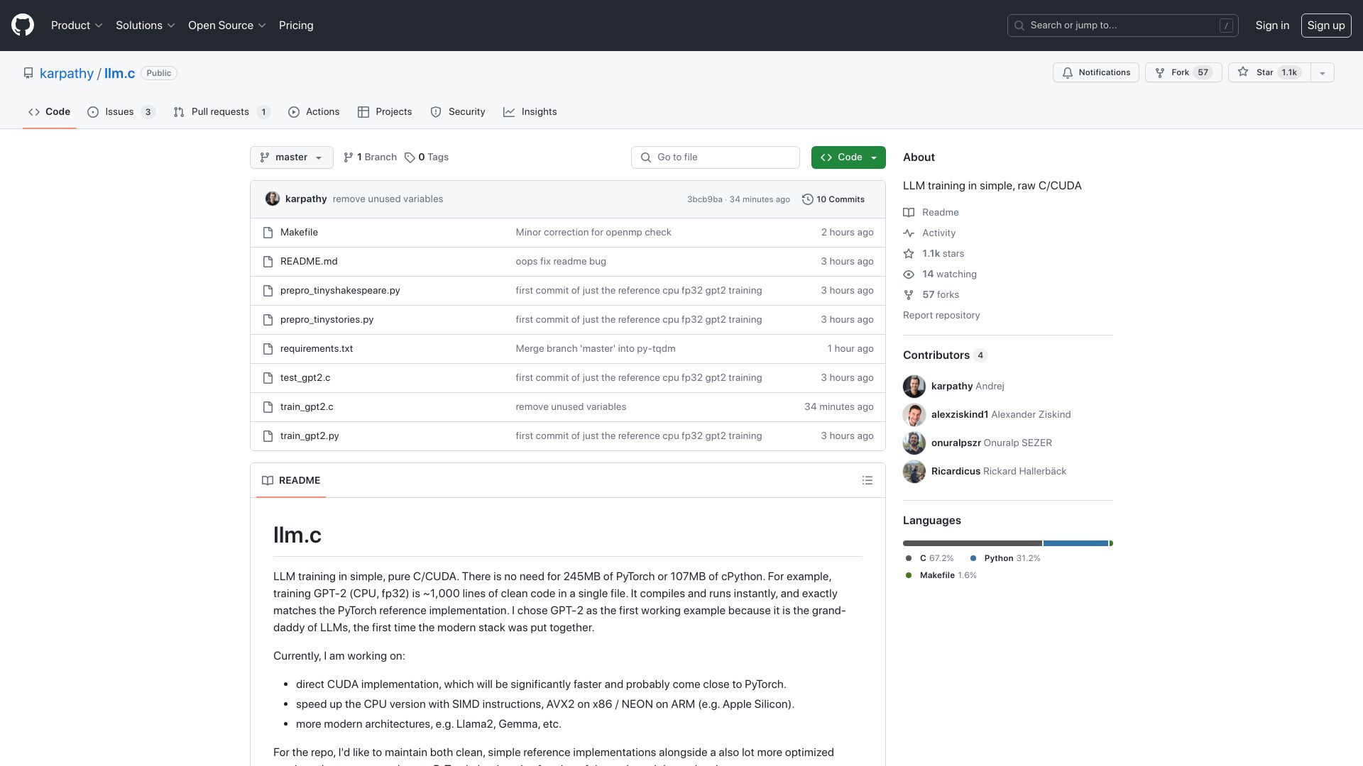 Screenshot of github.com: Llm.c – LLM training in simple, pure C/CUDA
