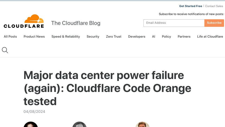 Screenshot of blog.cloudflare.com: Major data center power failure (again): Cloudflare Code Orange tested