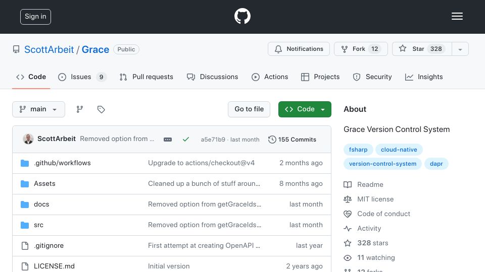 Screenshot of github.com: Grace Version Control System