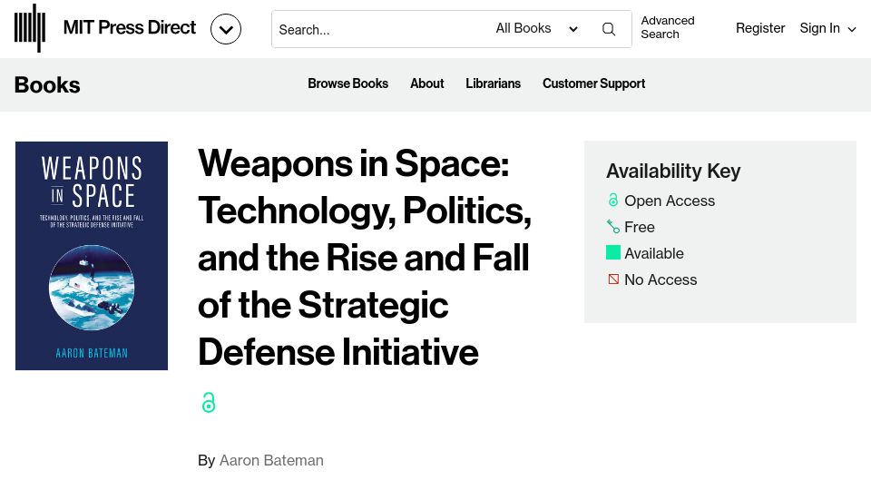 Screenshot of direct.mit.edu: Weapons in Space Technology, Politics, and the Rise and Fall of SDI